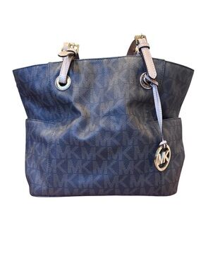 Michael Kors MK Logo Tote Bag Brown Monogram Shoulder Bag Gold Charm
